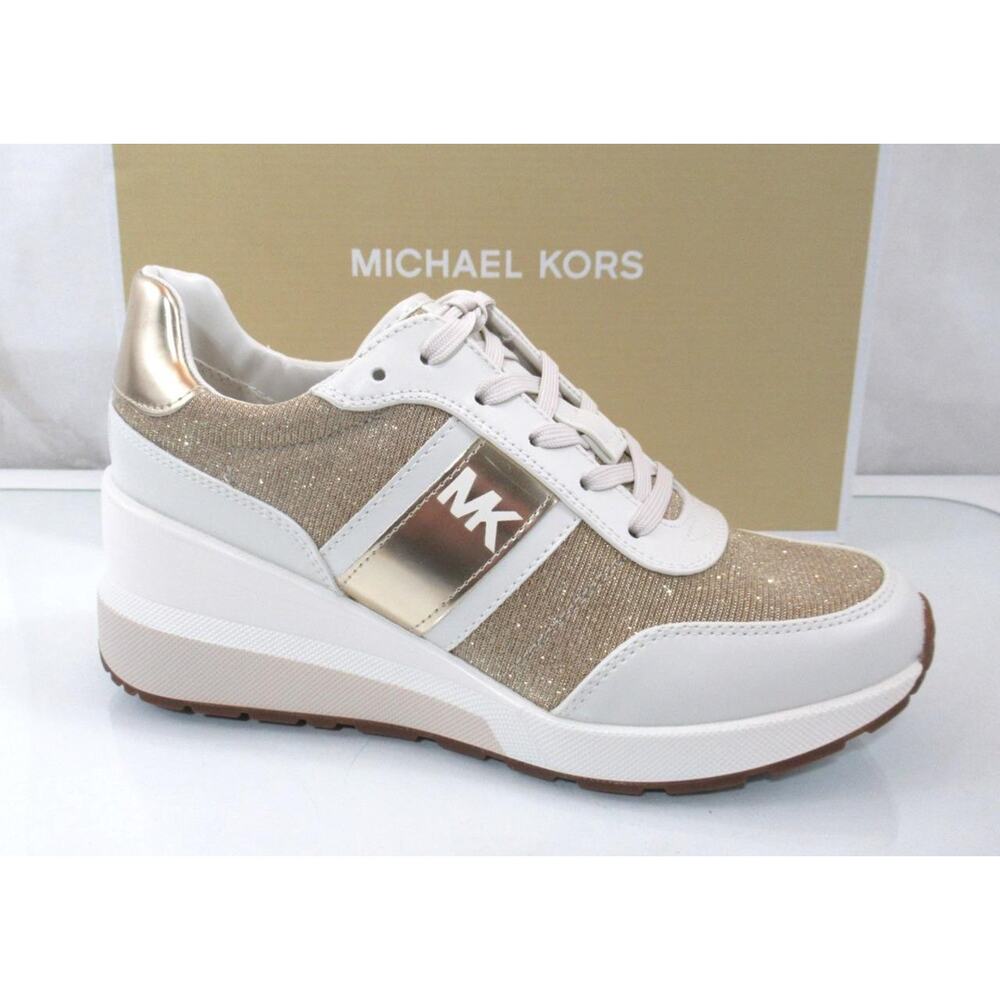 Michael Kors Mabel Trainer Wedge Sneakers Glitter Chain Mesh Pale Gold